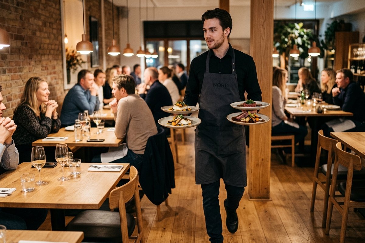 Tjener i aktiv servering på københavnsk restaurant